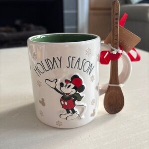 Rae Dunn Disney Mickey Mouse “Holiday Season”Christmas Coffee Mug with Stirrer